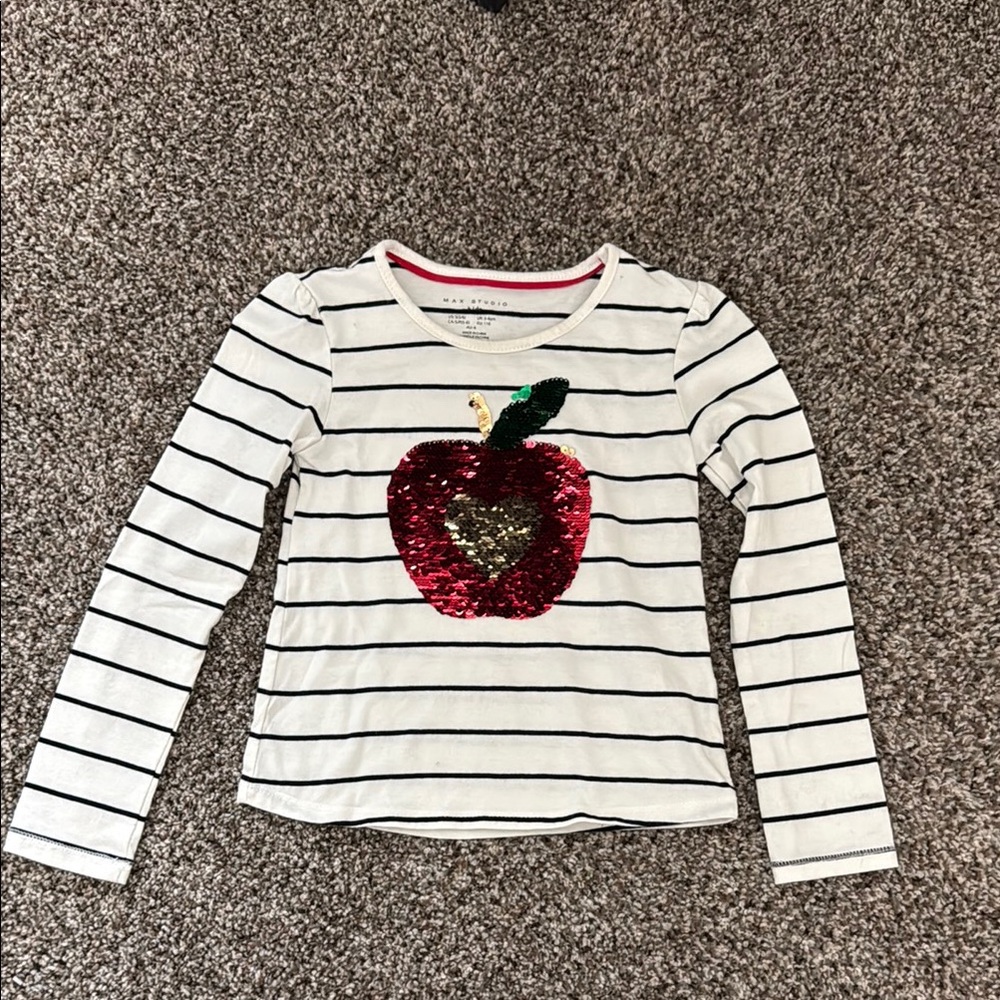 Max Studio Kids Striped Shirt with Sequin Apple Design